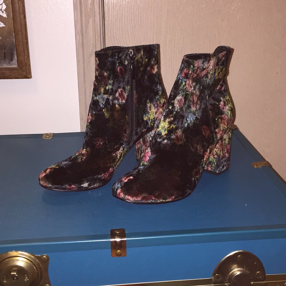 black floral high heel boots